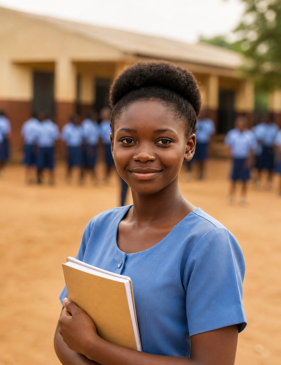 Achieng, a young woman from Nyando Sub-county, holding her notebook