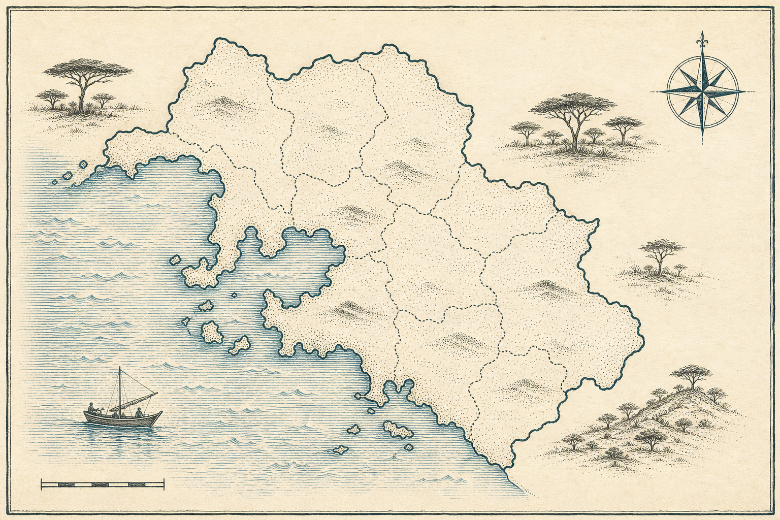 Hand-drawn illustrated map of Kisumu County, Kenya, showing Lake Victoria to the west and the seven sub-counties as inked regions.
